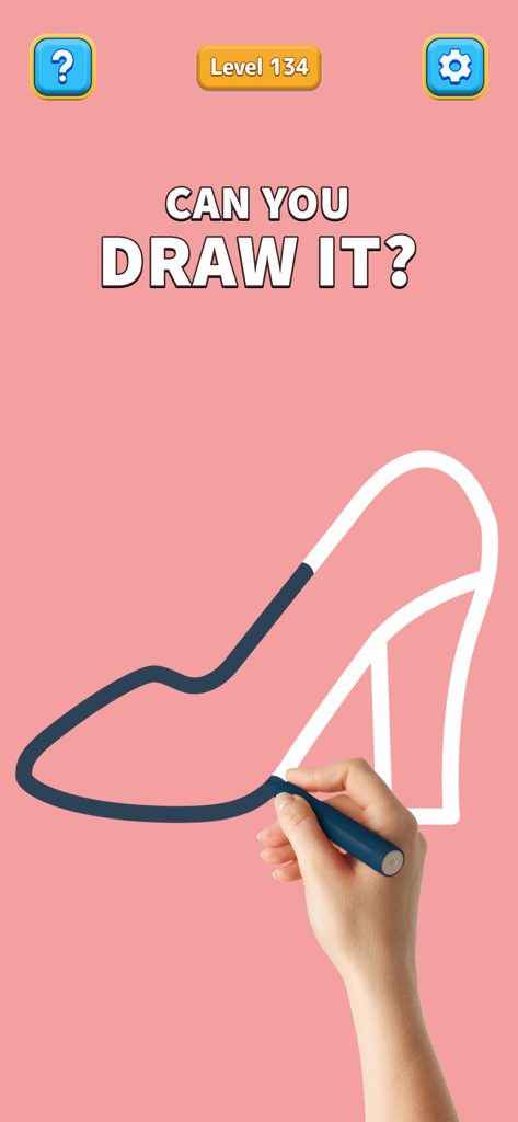 A person tracing a high-heel shoe outline in the One Line drawing puzzle game level 134.
