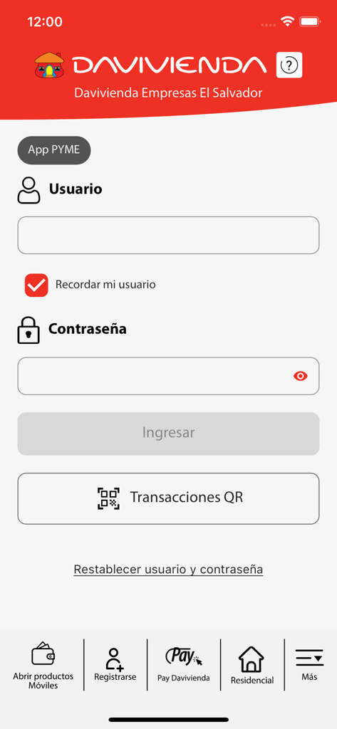Pyme Davivienda - Tela de login do aplicativo móvel Pyme Davivienda para serviços bancários empresariais em El Salvador