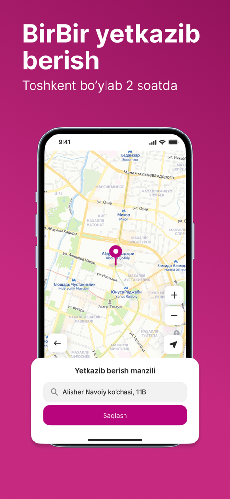 BirBir: soting va sotib oling - BirBir mobile app delivery screen showing a map of Tashkent and address selection field