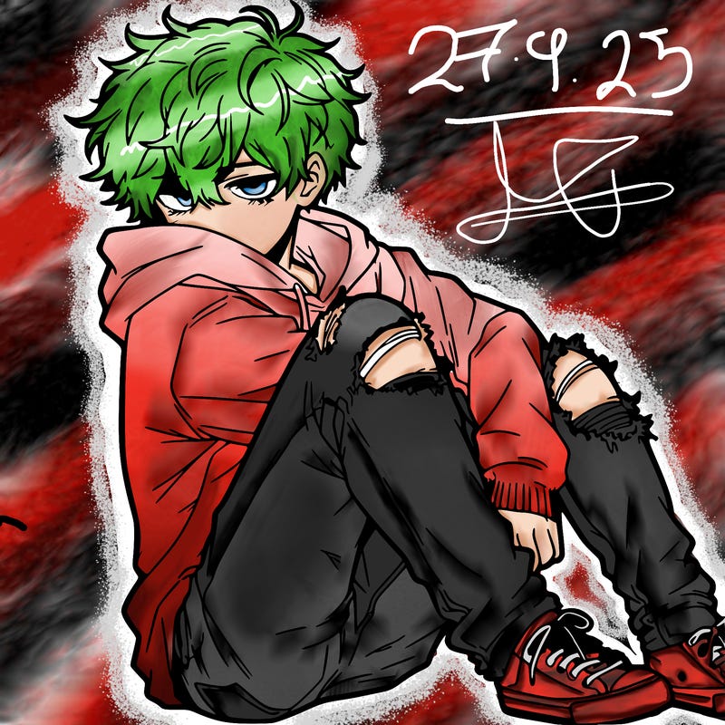 a male hoddie ripped jeans messy hair anime