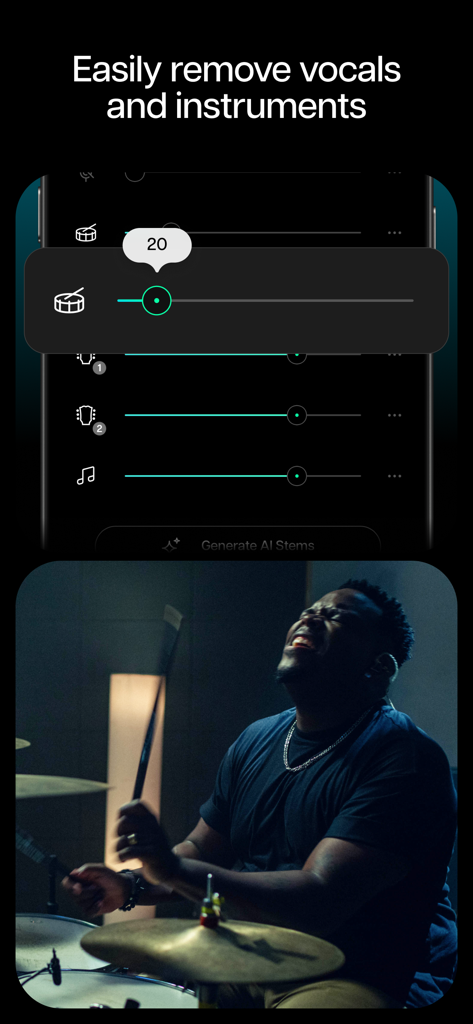 Interfaz de la app Moises que muestra controles deslizantes de separación de pistas de IA para voces e instrumentos sobre un baterista
