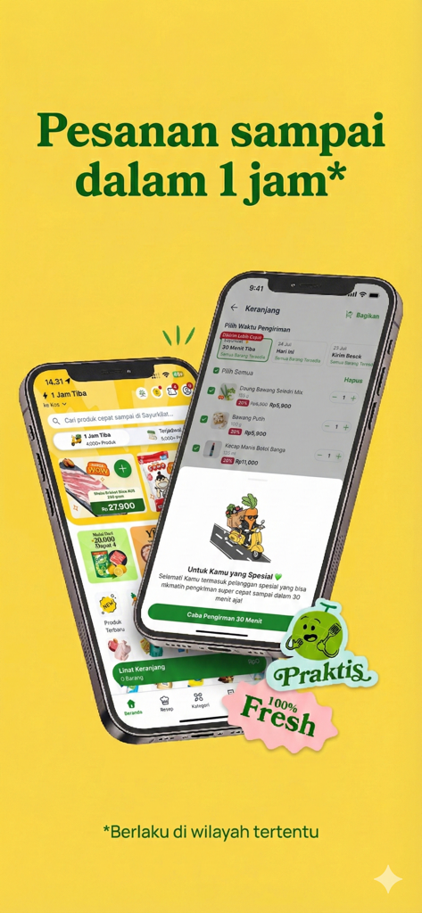 Sayurbox - Grocery Jadi Mudah - Sayurbox app interface showing one hour fast delivery options for fresh groceries and produce