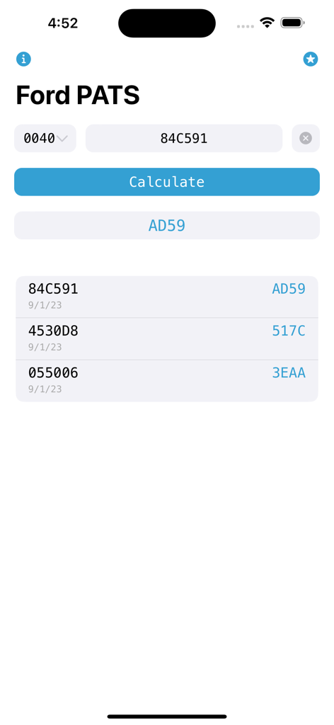 User interface of the Ford PATS Incode Calculator showing an Outcode conversion result and history.