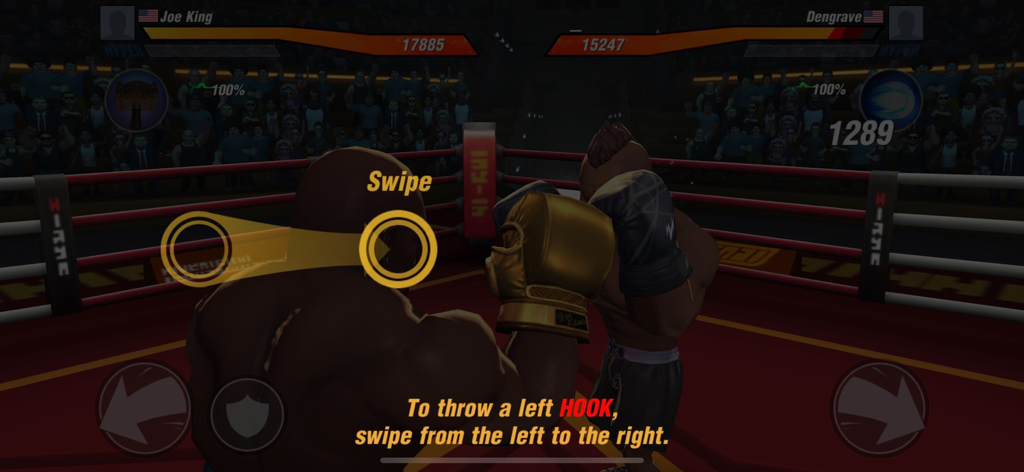 Gameplay screenshot of Boxing Star demonstrating how to perform a left hook punch with a swipe gesture.