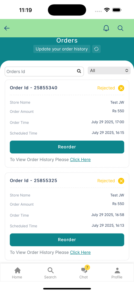 Delivoo customer - Order history screen in the Delivoo customer app showing previous food delivery orders with rejected status and reorder options.