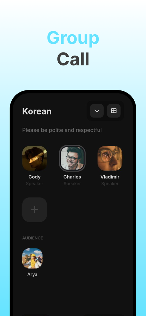 TalkClub mobile app screen showing a group call for Korean language exchange.