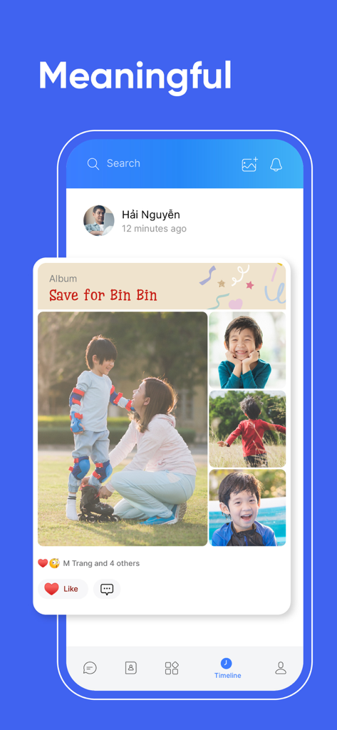 Zalo App-Timeline-Oberfläche mit einem geteilten Fotoalbum von Familienerlebnissen