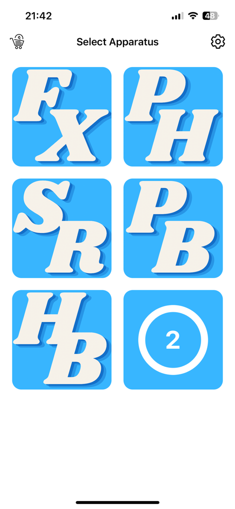 MAG CoP Study (2025-28) - Apparatus selection screen in the MAG gymnastics study app showing icons for floor pommel horse rings and bars