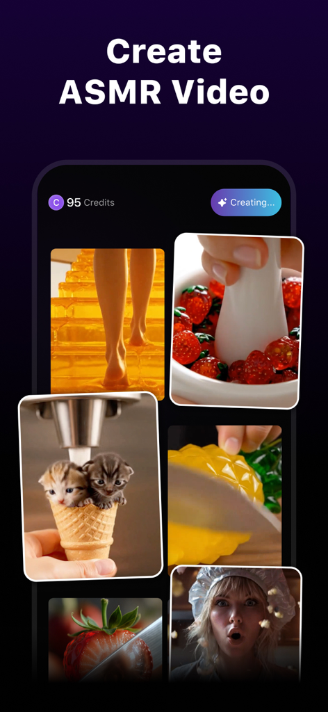 Mediamax App-Oberfläche mit KI-generierten ASMR-Videos, einschließlich zerdrückter Erdbeeren und geschnittener Gelees