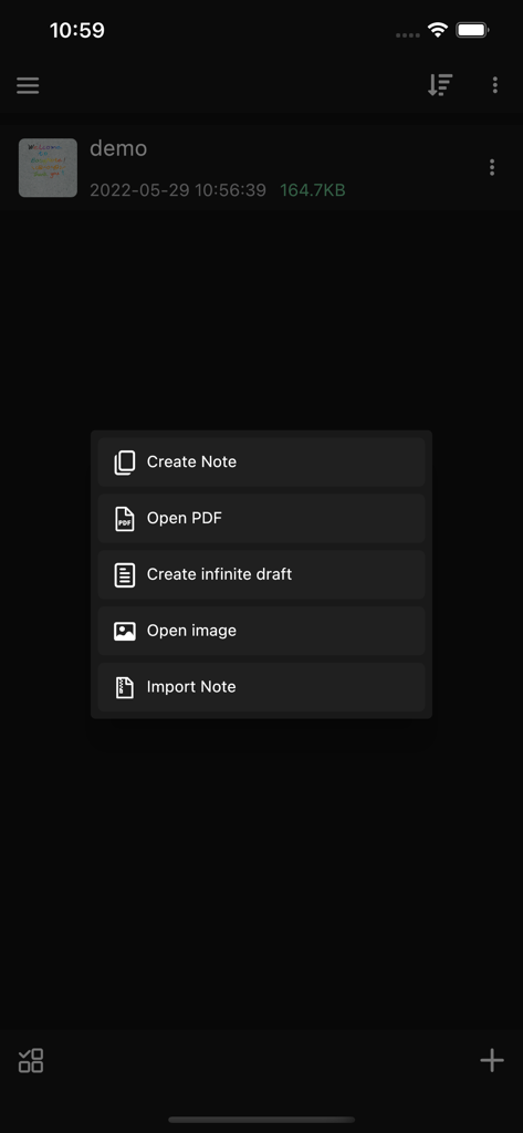 EasyNote: Note, Handwrite, PDF - EasyNote app dark mode interface showing menu options to create notes open PDFs and start infinite drafts