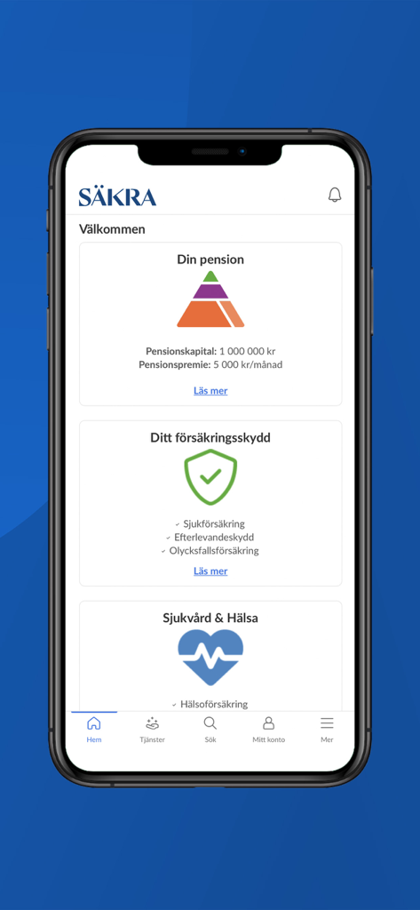 Säkra Total - Sakra Total app dashboard displaying sections for pension information insurance coverage and health services