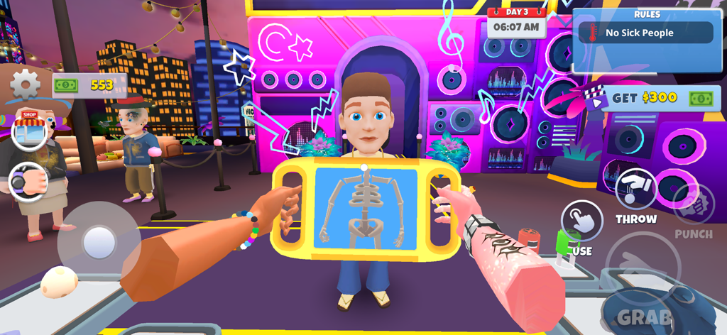 A nightclub security guard using a handheld x-ray scanner on a guest at the entrance