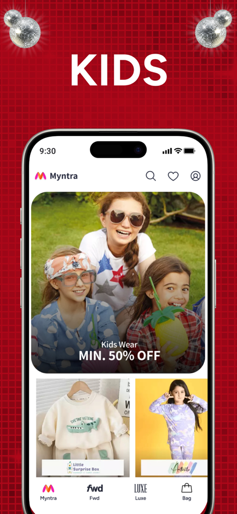 Myntra - Fashion Shopping App - Pantalla de la aplicación móvil Myntra que muestra una colección de ropa para niños con una oferta de descuento mínimo del cincuenta por ciento