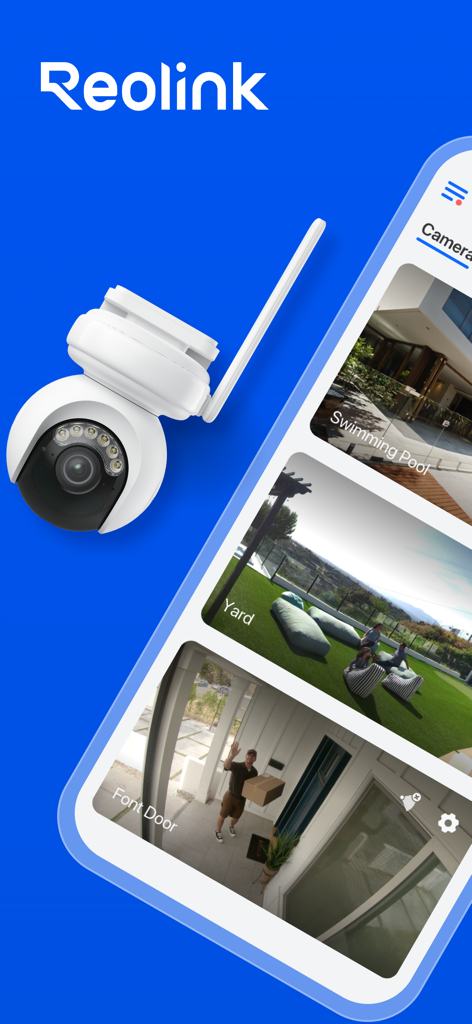 Reolink - Reolink mobile app interface displaying multiple live security camera feeds of a home including front door and swimming pool