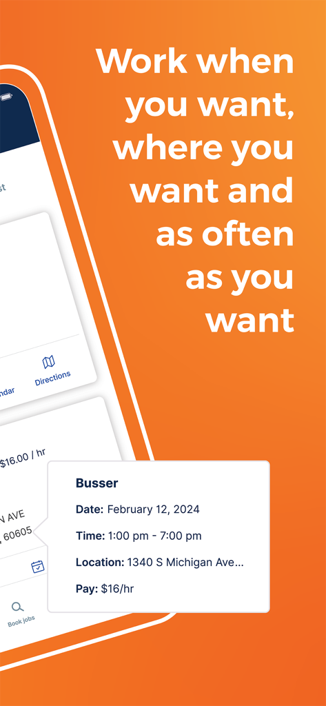 JobStack for Work: Daily Pay - JobStack mobile app interface showing a busser job listing with flexible work options and pay details