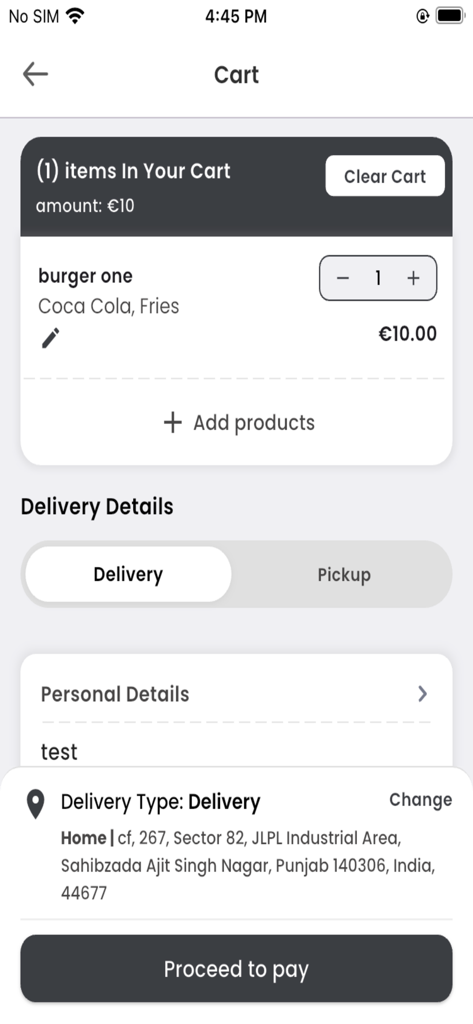 Buzz MT - Buzz MT app cart screen showing a food order with delivery address and payment button