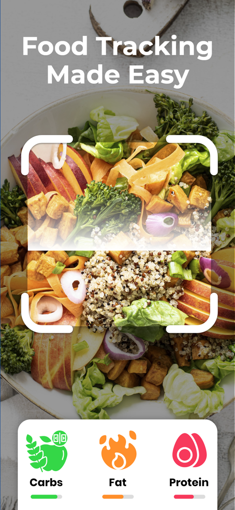 Interfaccia dell'app di monitoraggio alimentare che mostra la scansione dei pasti e le barre di avanzamento dei macronutrienti per carboidrati, grassi e proteine