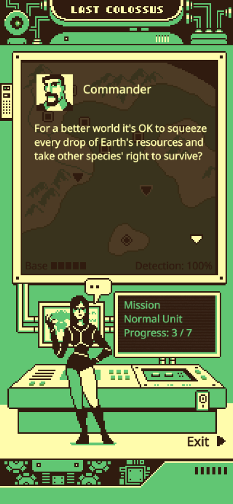 Last Colossus - Pixel art dialogue screen in the mecha game Last Colossus