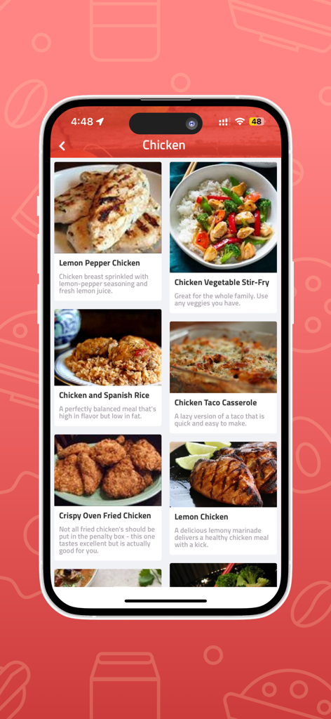 Easy Recipes for you - Écran d'application mobile affichant une variété de recettes de poulet faciles avec photos et courtes descriptions.