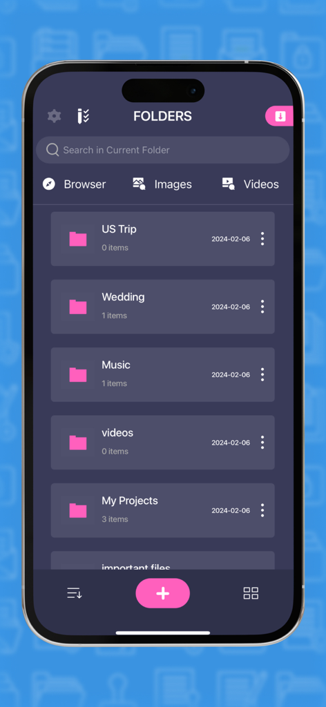 A mobile app screen showing a list of folders including US Trip, Wedding, and Music organized in a file manager.
