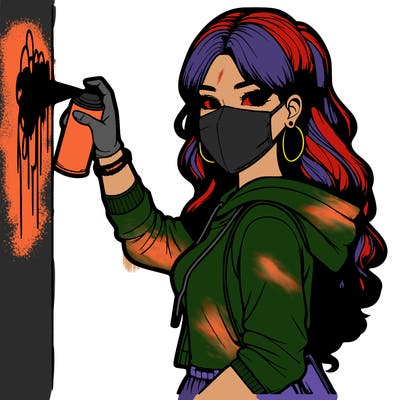 realistic girl with mask spray painting a wall