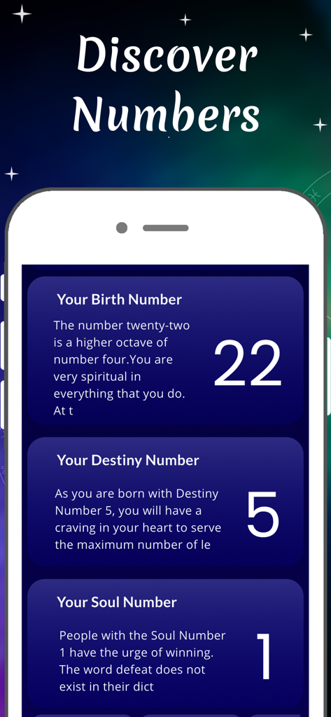 Numerology Future Astrology - パーソナライズされた誕生の運命とソウルナンバーを表示するモバイルアプリのインターフェース