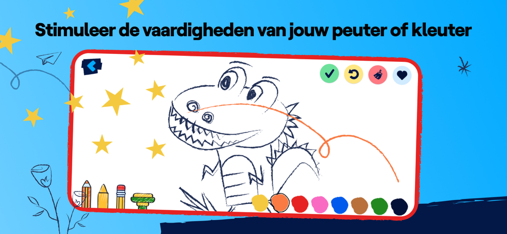 Interfaz de la aplicación Ketnet Junior que muestra una página para colorear un dinosaurio con una paleta de colores brillantes