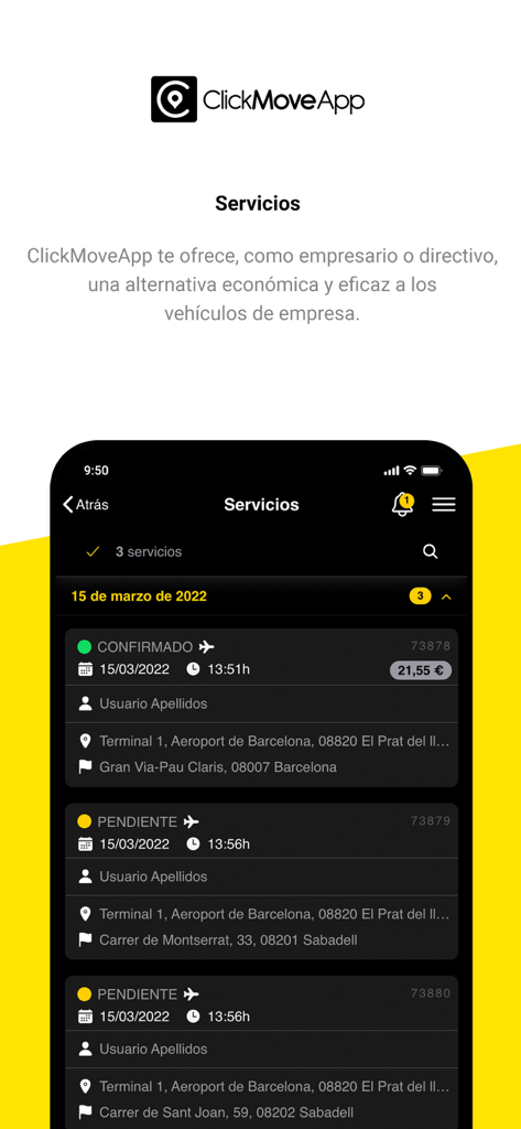 Click Move App - Benutzeroberfläche der Click Move App, die eine Liste geplanter Firmentransporte und Flughafentransfers anzeigt