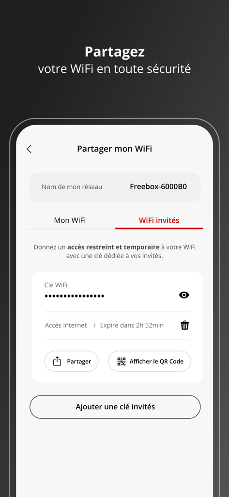 Freebox Connect - Freebox Connectアプリの画面。ゲストWiFiをQRコードで安全に共有するための画面。