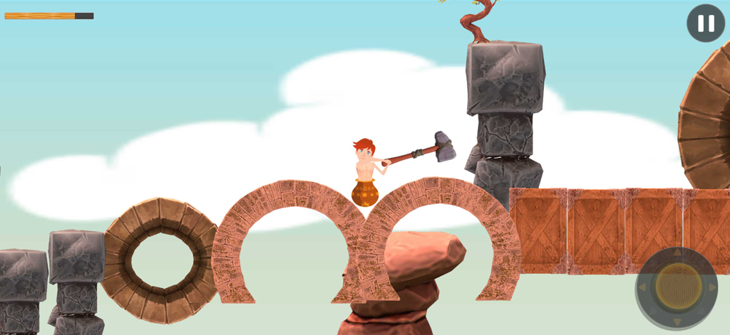 Hammer Hill Climb Challenges - Un personaje en una olla usando un mazo para navegar por arcos de piedra y obstáculos en un juego de escalada basado en física.