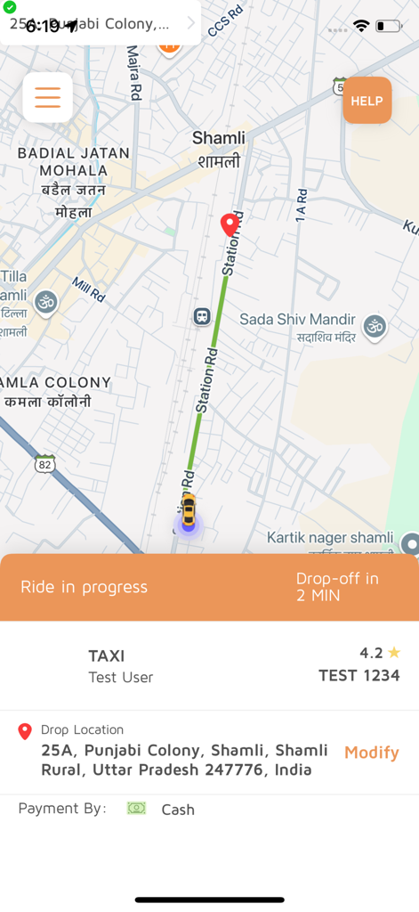 Interface of Pick me up 242 app showing a ride in progress on a map with driver details and drop-off time