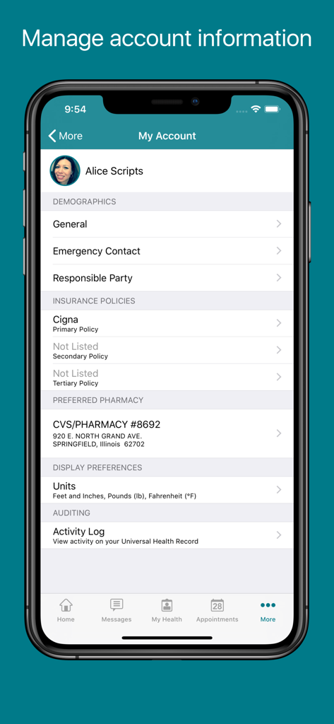 FollowMyHealth app screen showing user account details including insurance policies and pharmacy preferences