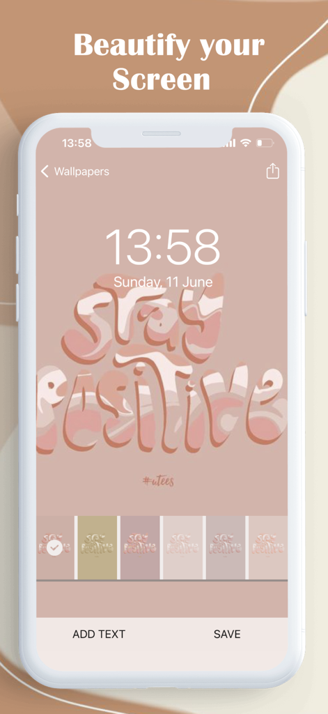Vorschau des ästhetischen Sperrbildschirms mit dem Text 'Stay Positive' in einer Preppy Wallpaper App