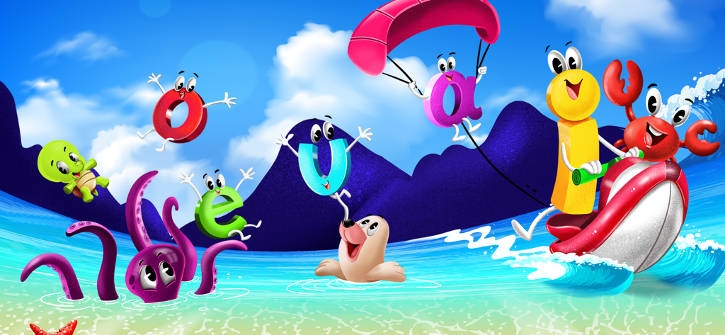 La Risa de las Vocales y Abc - Personajes animados de vocales en español jugando en una playa tropical con animales marinos para niños que aprenden