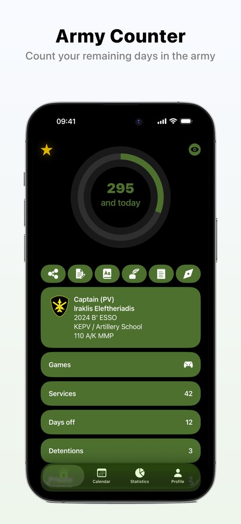 Apolyomai - 아폴로마이 앱 인터페이스, 295일 남은 군 복무 카운트다운 타이머와 군 복무 세부 정보 요약 표시