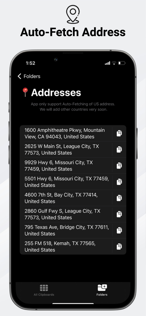 Screenshot des Adressordners in der Zwischenablage-Tastatur-Manager-App, der automatisch gespeicherte US-Adressen anzeigt.