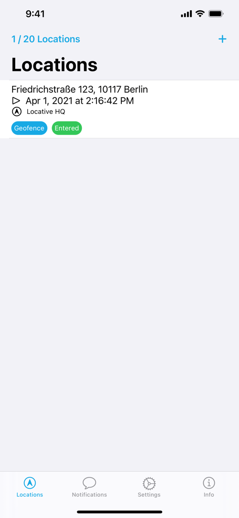 Locative: Geofence and Beacon - List of geofence locations in the Locative app showing an entered status for a specific address.
