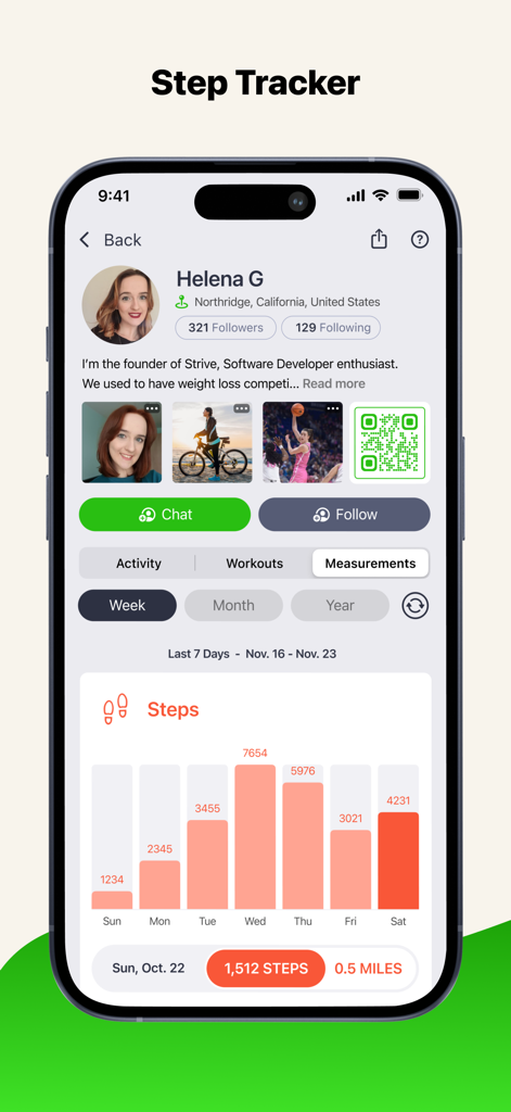 Interface do rastreador de passos do aplicativo fitness Strive mostrando um gráfico de barras semanal e perfil do usuário com contagem de seguidores.