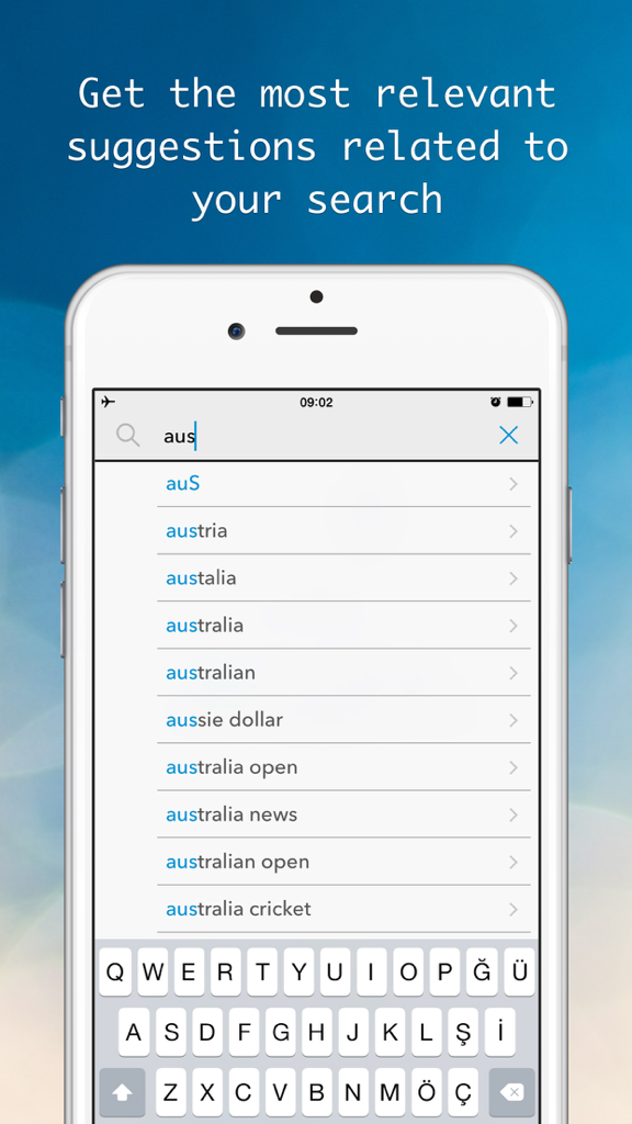 Newsmeter: Latest and Breaking News Feed Reader from Cnn,NY Times,Huffington Post,Buzzfeed&more - Newsmeter app search interface showing autocomplete suggestions for news topics on an iPhone.