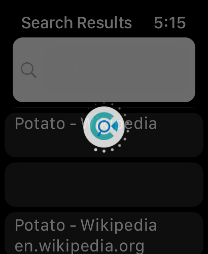 Pantalla de Apple Watch mostrando resultados de búsqueda de Wikipedia para Patata a través de la aplicación Buscar con Google