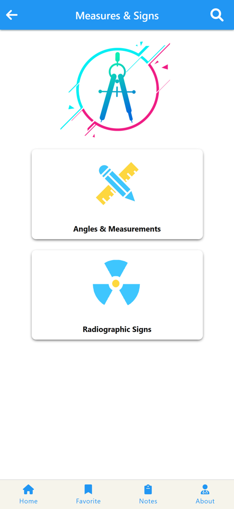 Ein Menübildschirm in der orthopädischen App, der Optionen für Winkel und Messungen sowie radiologische Zeichen anzeigt