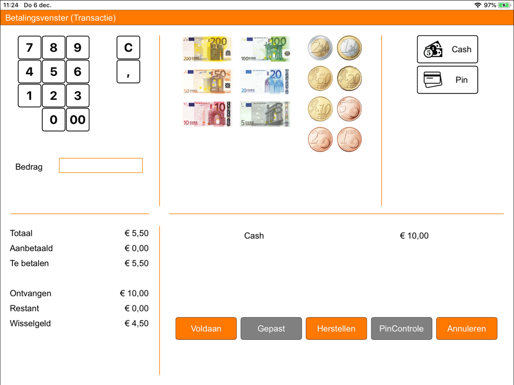 Interface de pagamento de PDV de padaria em um iPad mostrando opções de dinheiro e cartão com denominações de moeda