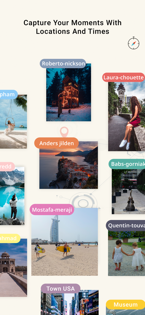 GPS Camera - Location Stamp - A collage of travel photos featuring location labels and date stamps