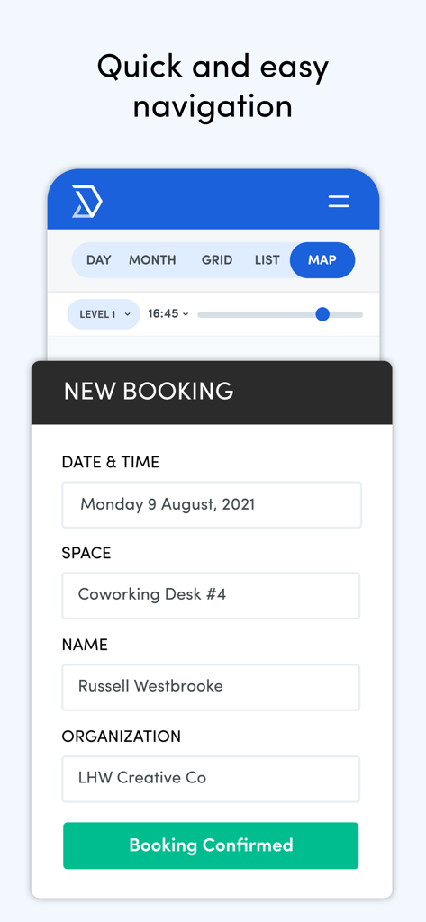 Mobile interface of the Skedda app showing a new desk booking confirmation screen