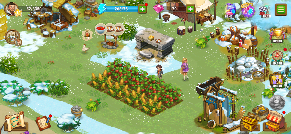 Ocean Whispers: Casual Game - Vista cenital del juego de un personaje en una granja nevada con cultivos de verduras y estaciones de crafteo en Susurros del Océano.