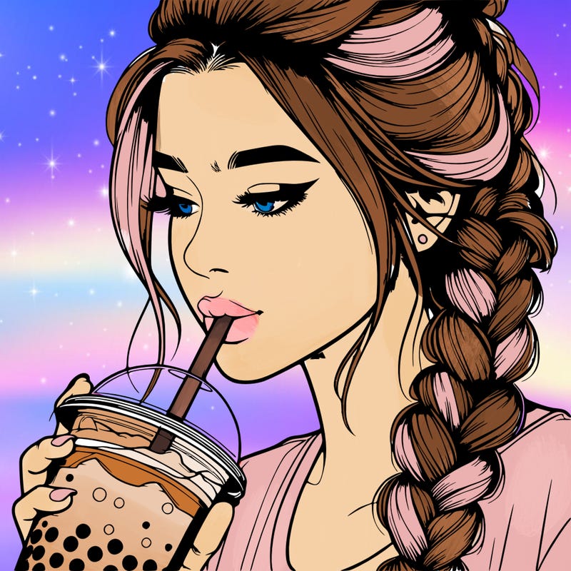realistic girl drinking boba tea with braided hair