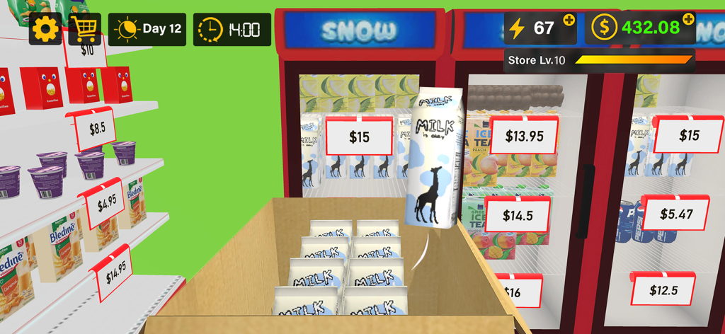 Supermarket 3D Simulation Game - Vista en primera persona de estantes con cajas de leche en el Juego de Simulación 3D de Supermercado