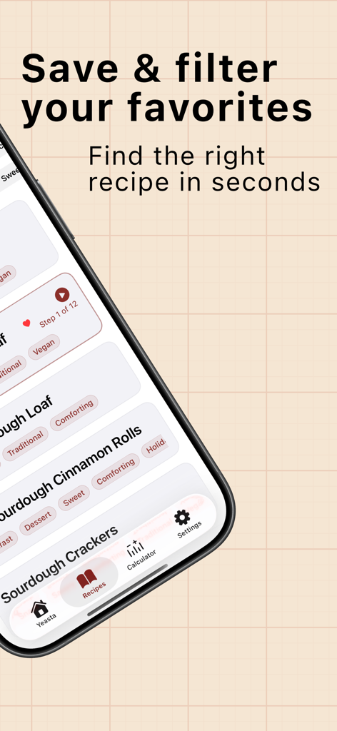 Yeasta: Sourdough Tracker - Tela do aplicativo móvel Yeasta para salvar e filtrar receitas de fermento natural.