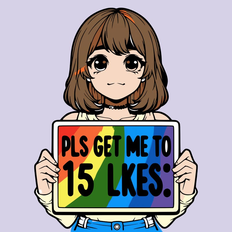 realistic girl holding up a sign that says “pls get me to 15 likes!”