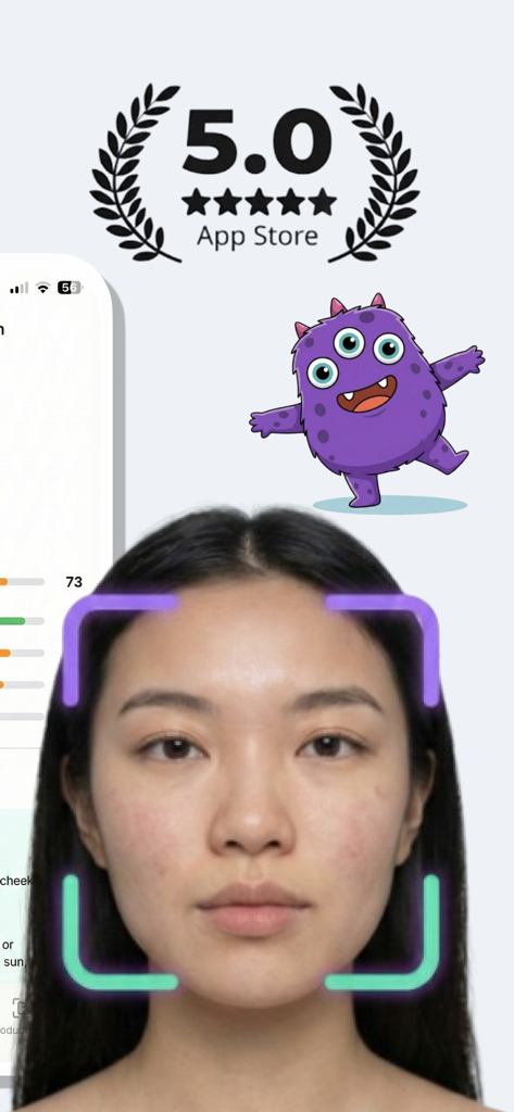 Skincare Scan - Sana - 다섯 개의 별점과 보라색 마스코트를 보여주는 사나 스킨케어 스캔 앱으로 얼굴을 스캔하는 여성의 모습.
